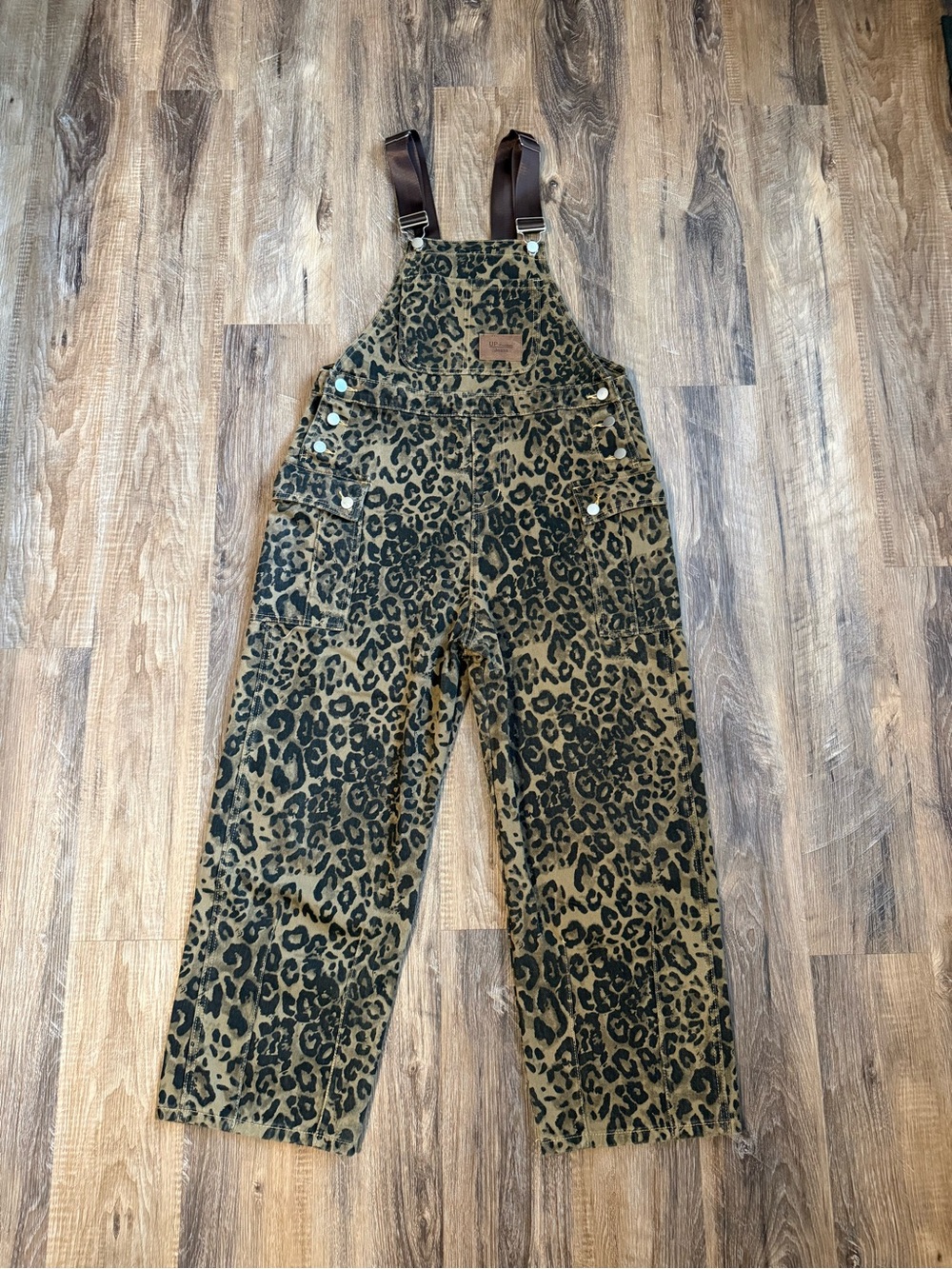 Leopard Print Utility Overalls - Olive/Brown